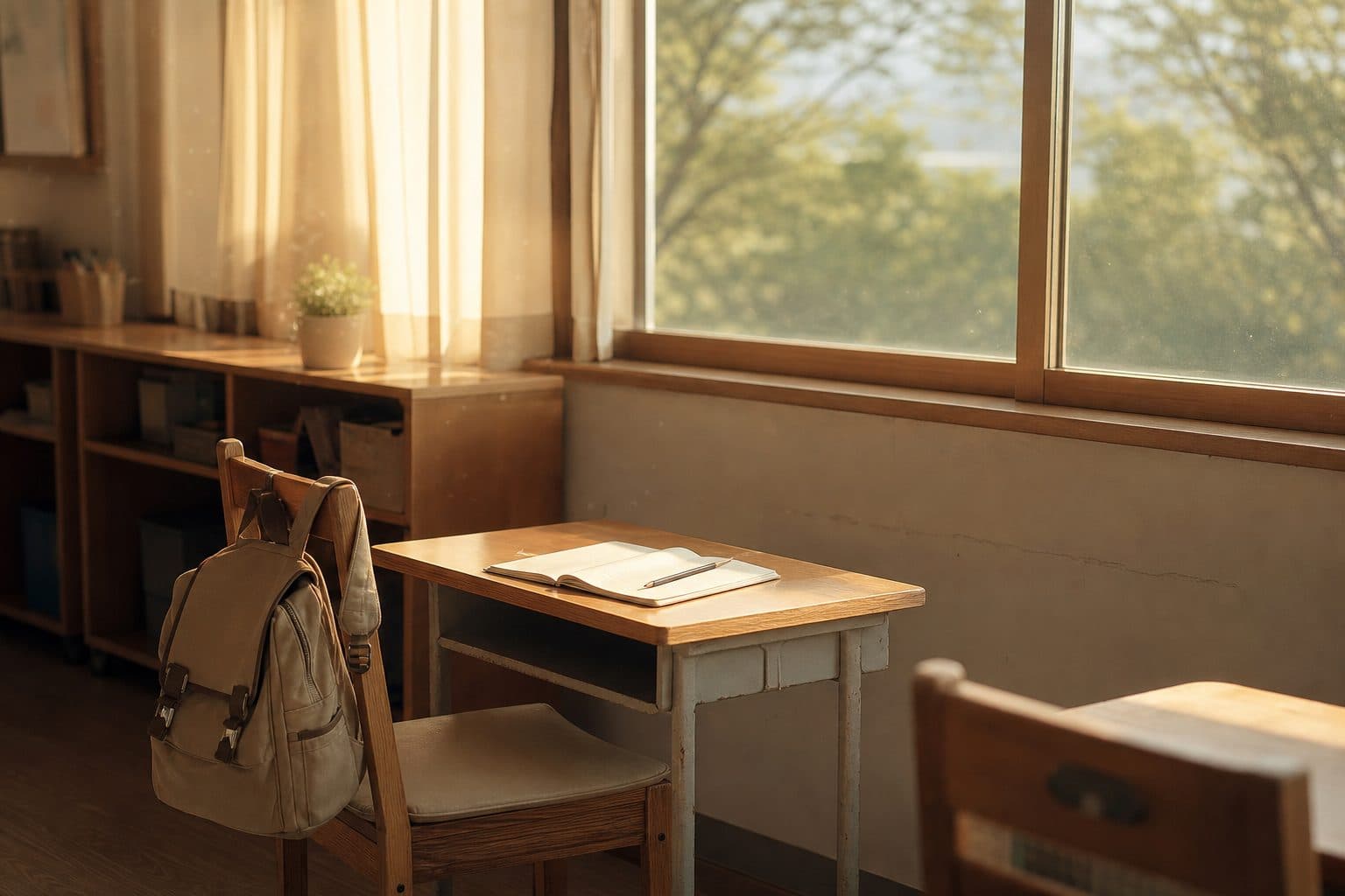 오후 햇살이 비치는 한국 초등학교 교실 한쪽. 빈 나무 책상과 의자, 의자에 걸린 캔버스 가방, 책상 위 펼쳐진 노트. 아이가 떠난 자리를 차분히 들여다보는 톤