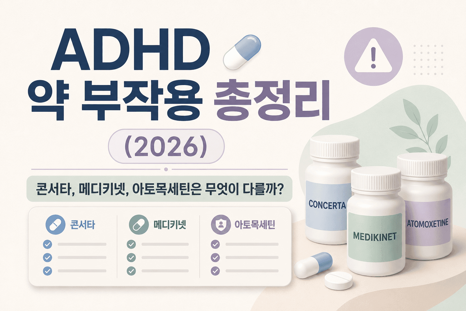 ADHD 약 부작용 총정리 (2026): 콘서타, 메디키넷, 아토목세틴은 무엇이 다를까?
