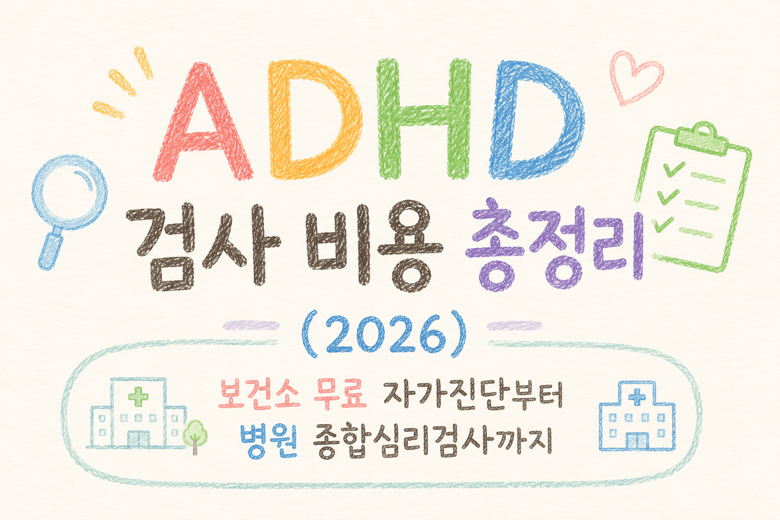 ADHD 검사 비용 총정리 (2026): 보건소 무료 자가진단부터 병원 종합심리검사까지